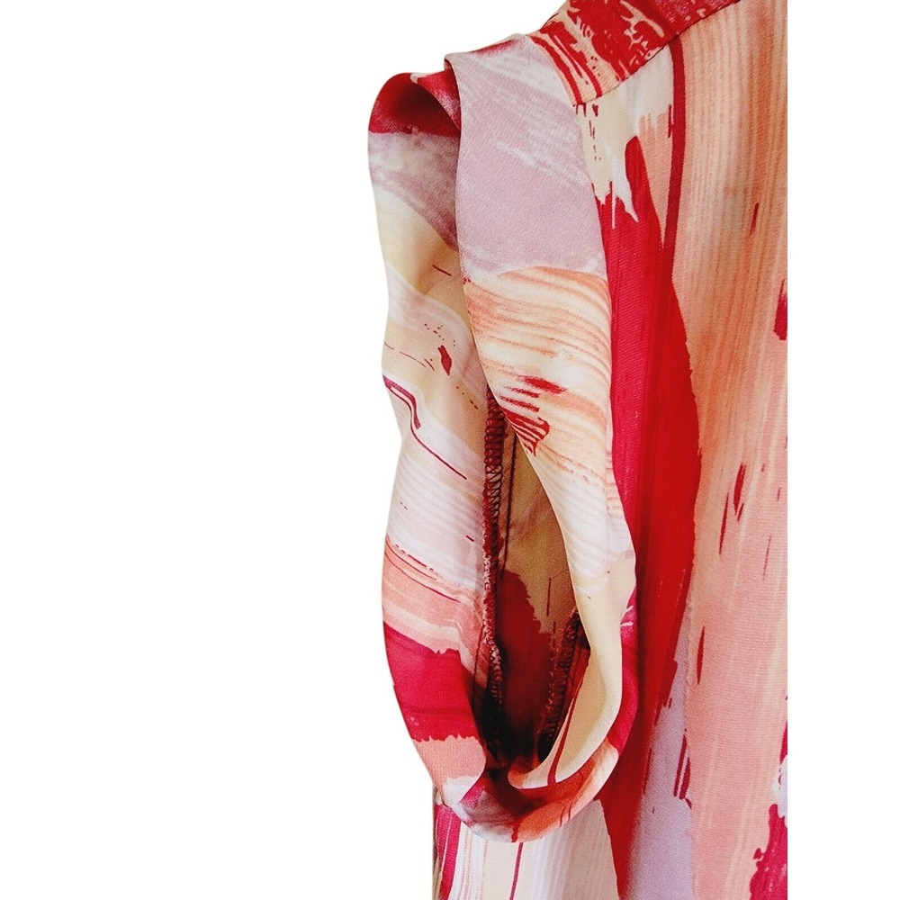 Hale Bob M Abstract Brushstroke Asymmetrical Hem Cap Sleeve Top Red Tan Med - Picture 9 of 11